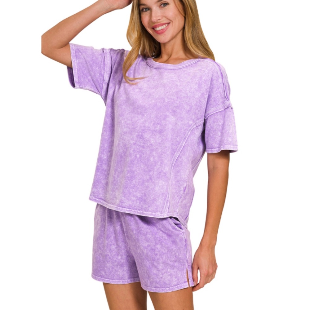 Women’s Relaxed Mineral-Wash Lavender Short Set.